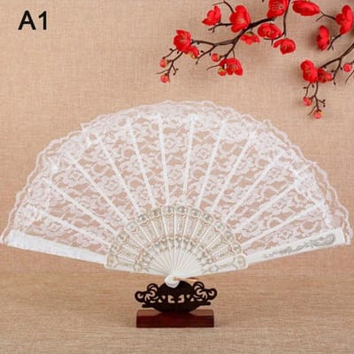 Ventilateur Décoratif Chic Ventilateur à Main Féminin Style Vintage Dentelle Ventilateur Pliant Motif Chinois Japonais Art Artisanat Cadeau Décor blanc
