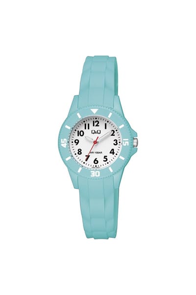 Q&Q V26A-006VY - Horloge - Sport - Analoog - Kinderen - Unisex - Plastic band - Rond - Kunststof - Cijfers - Turkoois - Wit - 10 ATM