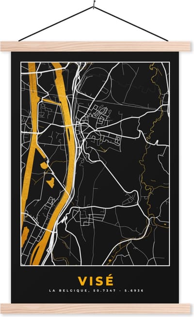 Posterhanger incl. Poster 40x60 cm - Schoolplaat - Plattegrond - Visé - Goud - Stadskaart - Kaart - Textielposter - Blanke latten - Stadskaart