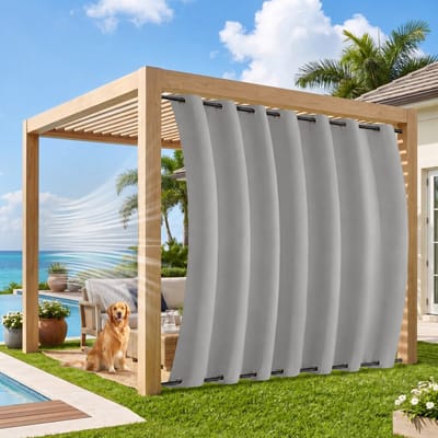 MUPOO Extra Brede Buitengordijnen Waterdicht & Stormbestendig 254cm - Met Dubbelzijdige Bevestiging tegen Wind - Verduisterend & UV Werend - Outdoor Gordijnen voor Terras & Pergola - 254x274 cm - Lichtgrijs- 1 Stuk (Rideau Extérieur Imperméable)