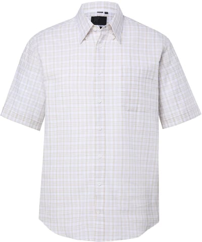 JP 1880 - Heren - geruit overhemd van linnenmix korte mouwen Modern Fit tot 8XL - Off-white - Maat 3XL
