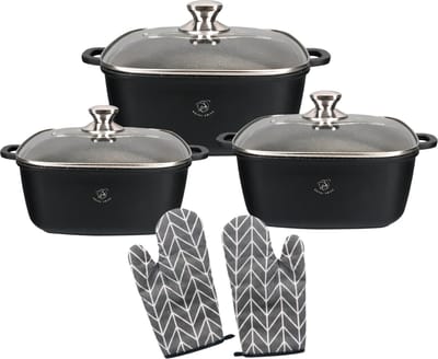 Royal Swiss® Pannenset – 6-delig – Vierkante Kookpotten 20/24/28 cm – Marmeren Antiaanbaklaag – Geschikt voor Inductie & Alle Kookplaten – Met Glazen Deksel إ