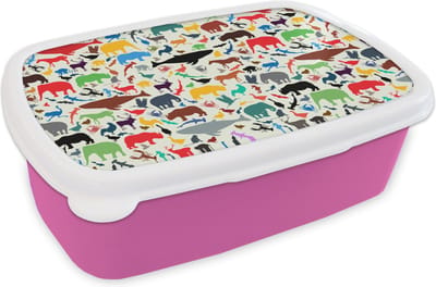 Broodtrommel Roze - Lunchbox - Brooddoos - Regenboog - Dieren - Patronen - Kinderen - 18x12x6 cm - Kinderen - Meisje