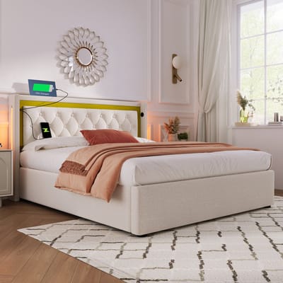 MODENUIT Gestoffeerd bed 140x200 cm – LED en USB/Type C – opbergruimte met gasveer – Zonder matras – katoen – beige