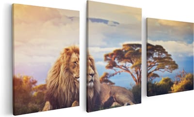 Artaza Canvas Schilderij Drieluik Leeuw Tijdens Zonsondergang - 120x60 - Foto Op Canvas - Canvas Print