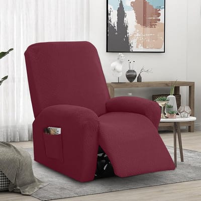 Stretch Stoelhoes Set van 4, Inclusieve Recliner Bescherming, Jacquard Strepen, Meubelhoes voor Televisiestoel en Zitmeubel, Burgondisch Kleur