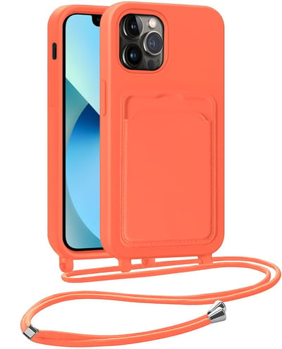 Hoesje Geschikt voor iPhone 13 Pro Hoesje Met Telefoonkoord en Pasjeshouder Siliconen - Hoes Geschikt voor iPhone 13 Pro Hoesje Met Kaarthouder Case - Papaya