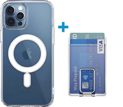 VOWLUX transparant hoesje en losse wallet pasjeshouder geschikt voor iPhone 16 Pro – MagSafe compatible met 32 magneten – pasjeshouder voor 2 pasjes – zilveren kleur – telefoonstandaard hoes case