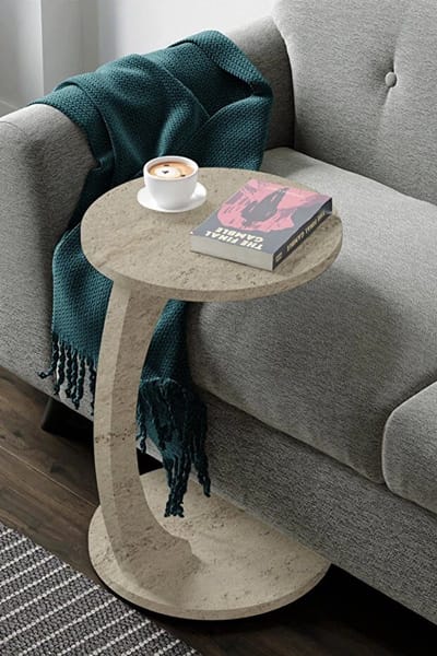Zeo Wood® - Bijzettafel - Bijzettafel met wielen - Bedtafeltje met Wielen - Tafeltje op Wieltjes - Ronde Bijzettafel - Travertin Kleur