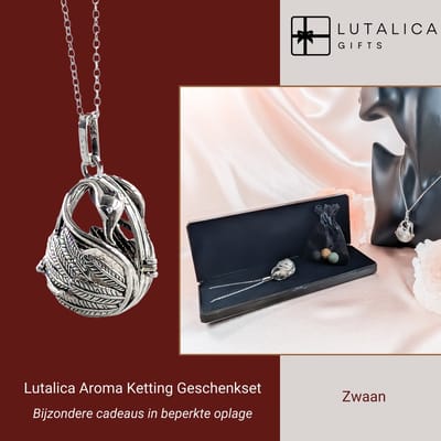Zwaan. Aroma Ketting met 4 Verwisselbare Lava Stenen van Lutalica Geschenken. Voor Essentiële Oliën & Parfum. Nikkel- en loodvrij. Geleverd in Juwelendoos