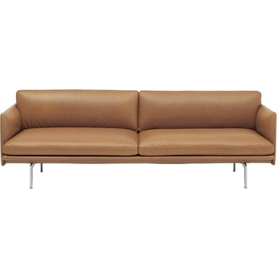 Muuto Outline 3-zitsbank - gepolijst aluminium - Leer cognac