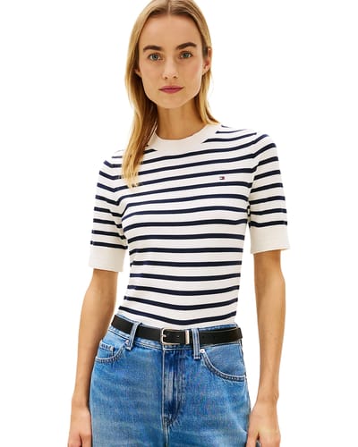 Tommy Hilfiger Co Jersey Fine Pullover Ivory Petal/dark N Navy Stp Maat: M | Sweaters Outlet | Dames | Wit