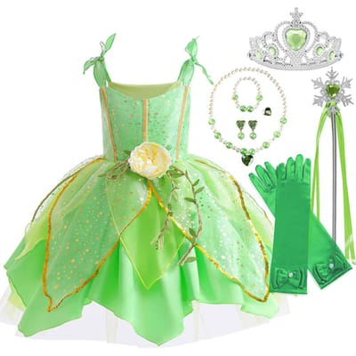Elf Film Tinkerbell Meisjes Speel Fee Jurk Groene Salopette Rok Met Vleugels en Bloem Kerstcadeau voor Meisjes 4T(tag 120) beige