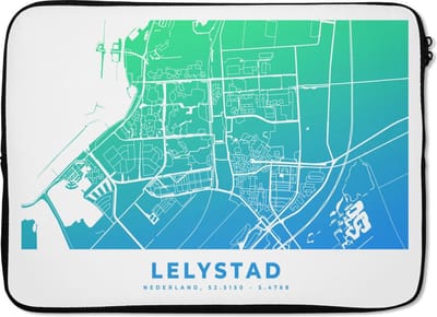 Laptophoes 14 inch - Stadskaart - Lelystad - Blauw - Nederland - Laptop sleeve - Binnenmaat 33x23 cm - Zwarte achterkant