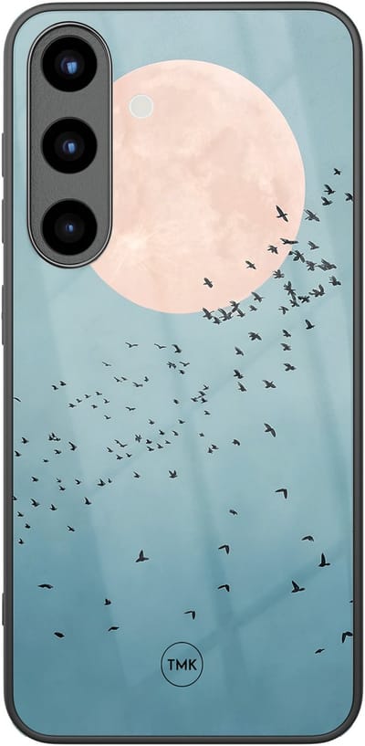 Hoesje geschikt voor Samsung Galaxy S25 - Moon birds - Blauw - TPU luxe case (glossy toplaag) - Vogel - Hardcase backcover zwart