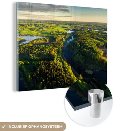 ® Glasschilderij 160x120 cm - Schilderij acrylglas - Een luchtfoto van het landschap in het Nationaal park Gauja in Letland - Foto op glas - Muurdecoratie woonkamer - Wanddecoratie slaapkamer - Schilderijen