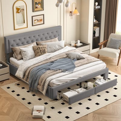 Kofferbed met hoofdeinde, gestoffeerd, met opbergruimte onder het bed, bedframe, houten lattenbodem (160 x 200 cm)