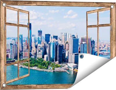 Gards Tuinposter Doorkijk New York Als een Eiland vanuit de Lucht - 60x40 cm - Tuindoek - Tuindecoratie - Wanddecoratie buiten - Tuinschilderij