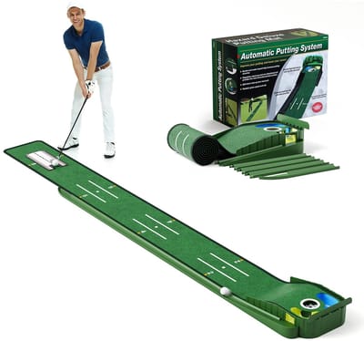 Novendo Goods - Putting mat – Indoor golf mat met automatische balretour - Uitlijningsgeleider en antislip onderzijde – Putting training voor thuis of op kantoor