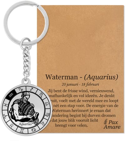 Sterrenbeeld Waterman (Aquarius) Sleutelhanger op Cadeau Kaartje – Spiritueel Cadeau van Roestvrij Staal – Zilverkleurig – Pax Amare