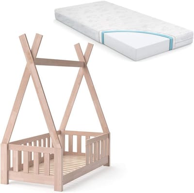 Tipi Kinderbed 70x140 cm - Massief Hout met Matras - Natuurkleur