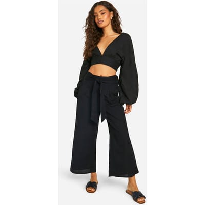 boohoo Dames Linnen Look Ballonmouwen Crop & Broek met Wijde Pijpen | Black | Maat: 14