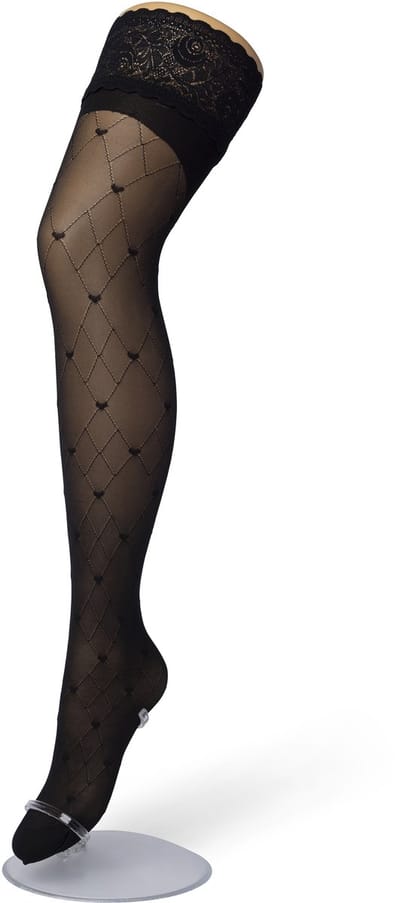 Bonnie Doon Dames Hold Up met Hartjes Print maat S/M Zwart - Brede Band met Siliconen - Little Hearts Hold Up - Zakt niet af - Bies aan Achterkant - Panty zonder Broekje - Siliconenrand - Blijven Perfect Plakken - Panty Kousen - Black - BP201705.101