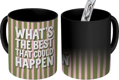 Magische Mok - Foto op Warmte Mokken - Koffiemok - What's the best that could happen - Strepen - Groen - Roze - Magic Mok - Beker - 350 ML - Theemok - Mok met Tekst