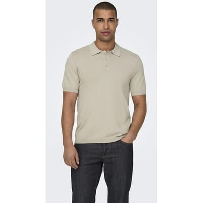 Only & Sons beige heren polo   Punt kraag   Regular fit   Knoopsluiting   Korte mouw Beige M