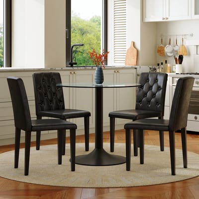 MODENUIT Eettafelset 85 cm - Ronde Glazen Tafel Met 4 Stoelen - Voor Eetkamer En Bar - Glas En PU Leder - Zwart