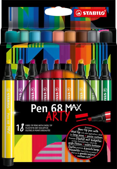 STABILO Pen 68 MAX - ARTY – Premium Viltstift Met Dikke Beitelpunt - Etui Met 18 Stuks – Met 18 Verschillende Kleuren