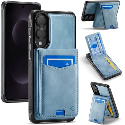 Casemania Hoesje Geschikt voor Samsung Galaxy S25 Edge - Aqua Blue - Back Cover met Afneembare Magnetische Pasjeshouder met Standaard - Telefoonhoesje en Kaarthouder