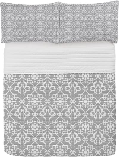ABAKUHAUS Ierse Microfiber Bedspreiset, Royal Floral Curves tegel, zacht beddengoed met kussenslopen en quilt, 264 cm x 220 cm, grijs en wit