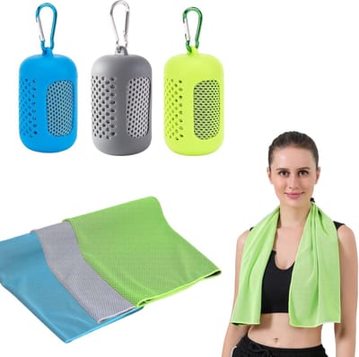 EXCITAT Koelhanddoeken - 3-pack - Snel drogende sporthanddoeken - met draagbare siliconen hoes - Microvezel sporthanddoek - Ideaal voor de sportschool, buiten - 30 x 90 cm - 3 kleuren
