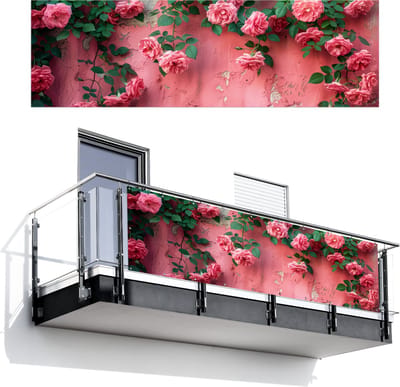 Balkonscherm 300x95 cm - Balkonposter Roze - Bloemen - Rozen - Bladeren - Balkon scherm decoratie - Balkonschermen - Balkondoek zonnescherm