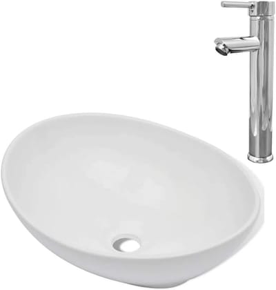 Keramiek Wastafel - Badkamer Kom - Badkamer Vernieuwen - Inclusief Kraan - Ovaal Model - Wit