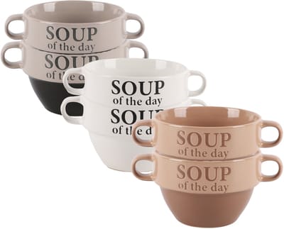 Bellatio Design Soepkommen - 6x - Soup of the day - keramiek - D12 x H8 cm - grijs / wit / terra - Stapelbaar