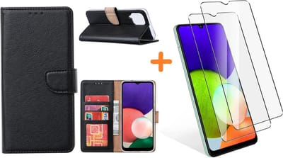 Hoesje Geschikt Voor Samsung Galaxy A22 4G hoesje bookcase Zwart Met screenprotector / 2X tempered glass