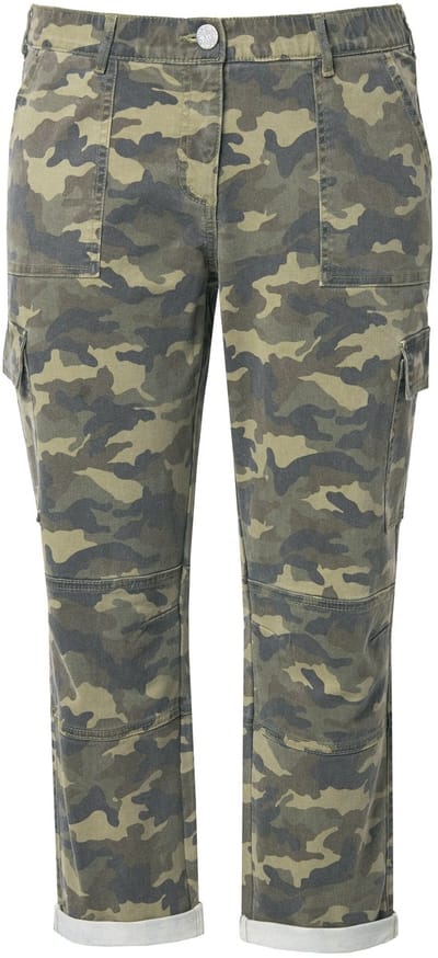 Ulla Popken - Dames - Boyfriend broek camouflage gerafelde zoom elastisch twill - Olijfgrijs - Maat 50