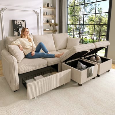 Bank - Modulair U-vormig 3-Zits - Met 2 Opbergpoefs & Kussens - 188x186x86 cm - Beige