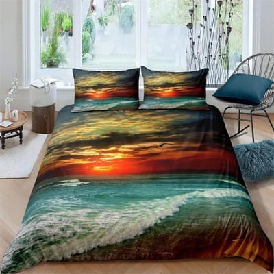 Premium Strand Zee Golf Oceaan Dekbedovertrek Zonsondergang Hawaïaanse Palmboom Golf Dekbedovertrek Tropisch Eiland en Zee Strand Natuur Thema Decor 135x200cm 2pcs