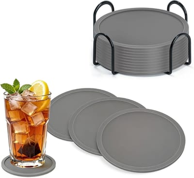 Onderzetters voor glazen van siliconen met houder, antislip en hittebestendig, 10 stuks voor salontafel, eettafel en bar met lekbescherming