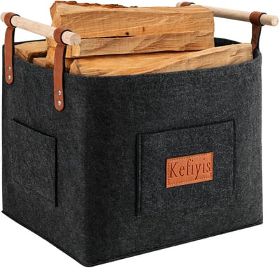 Houten mand voor haardhout met zijzakken - 42 x 32 x 40 cm - Donkergrijs