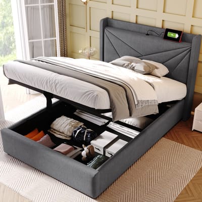 Sweiko Gestofferd bed Eenpersoonsbed Opbergdoos met USB Type-C oplaadfunctie Hoofdbord, opbergbed Linnenmateriaal bedstead 90x200cm jeugdbed met Flat noedels grille Grijs (geen matras)