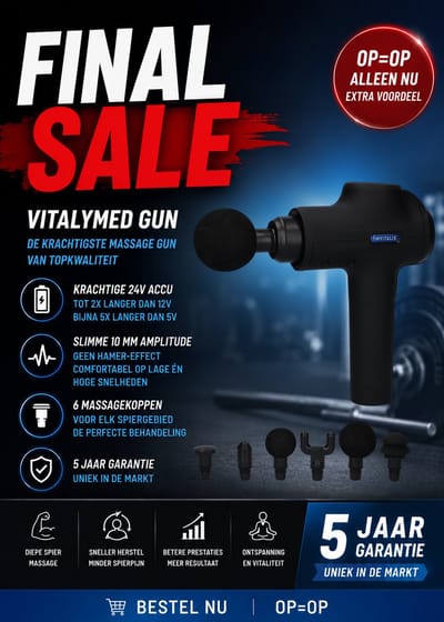 VitalyMed Gun massage pistool - massage gun - 5 jaar garantie - 5 uur accuduur - 6 massagekoppen inclusief - professioneel massage gun voor rug, nek, schouders, benen en armen geschikt voor bindweefselmassage en ontspanningsmassage