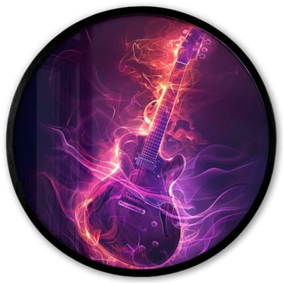 Poster in lijst Rond - Fotolijst 40x40 cm - Posters - Gitaar - Muziek - Rook - Paars - Ronde posterlijst zwart - Decoratie - Wanddecoratie woonkamer - Muurdecoratie slaapkamer