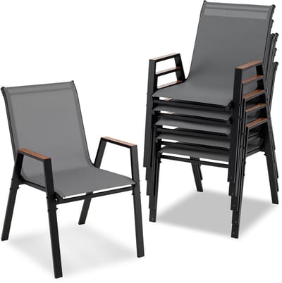 COSTWAY Tuinstapelstoelen 6-delig, Stapelstoelen, Terrasstoelen met armleuningen, Balkonstoelen tot 180 kg belastbaar, 56 x 66 x 88 cm (Grijs)