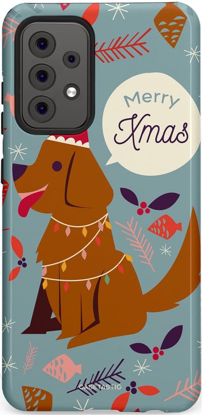 Casetastic hoesje geschikt voor Samsung Galaxy A52 (2021) 5G / Samsung Galaxy A52 (2021) 4G - Dubbellaagse bescherming - Merry Christmas Hond - Fashion Case - Zilver Bruin Saliegroen Rood
