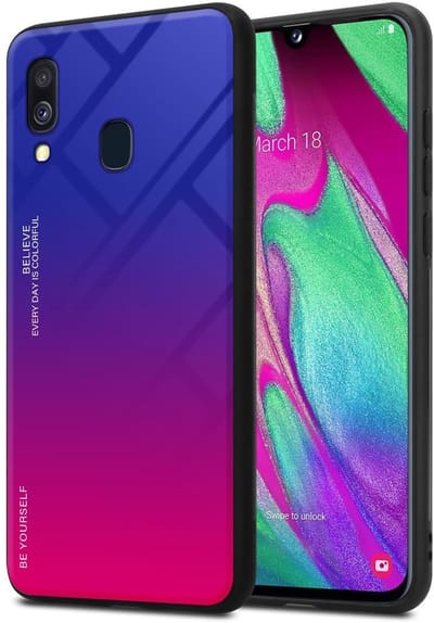 Cadorabo Hoesje geschikt voor Samsung Galaxy A40 in PAARS - ROOD - Tweekleurige beschermhoes van TPU-silicone Case Cover en achterzijde van gehard glas
