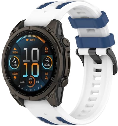 Strap-it Siliconen 'Race' bandje geschikt voor Garmin Fenix 9 (Pro) 51mm / Fenix 8 (Pro) 51mm / Garmin Fenix 7x (Pro - Sapphire Solar) / Fenix 6x (Pro - Sapphire) / Fenix 5x (Plus) / Fenix 3 / Epix Pro (Gen 2 - 51mm) / Enduro 1-2-3 - Wit/Blauw